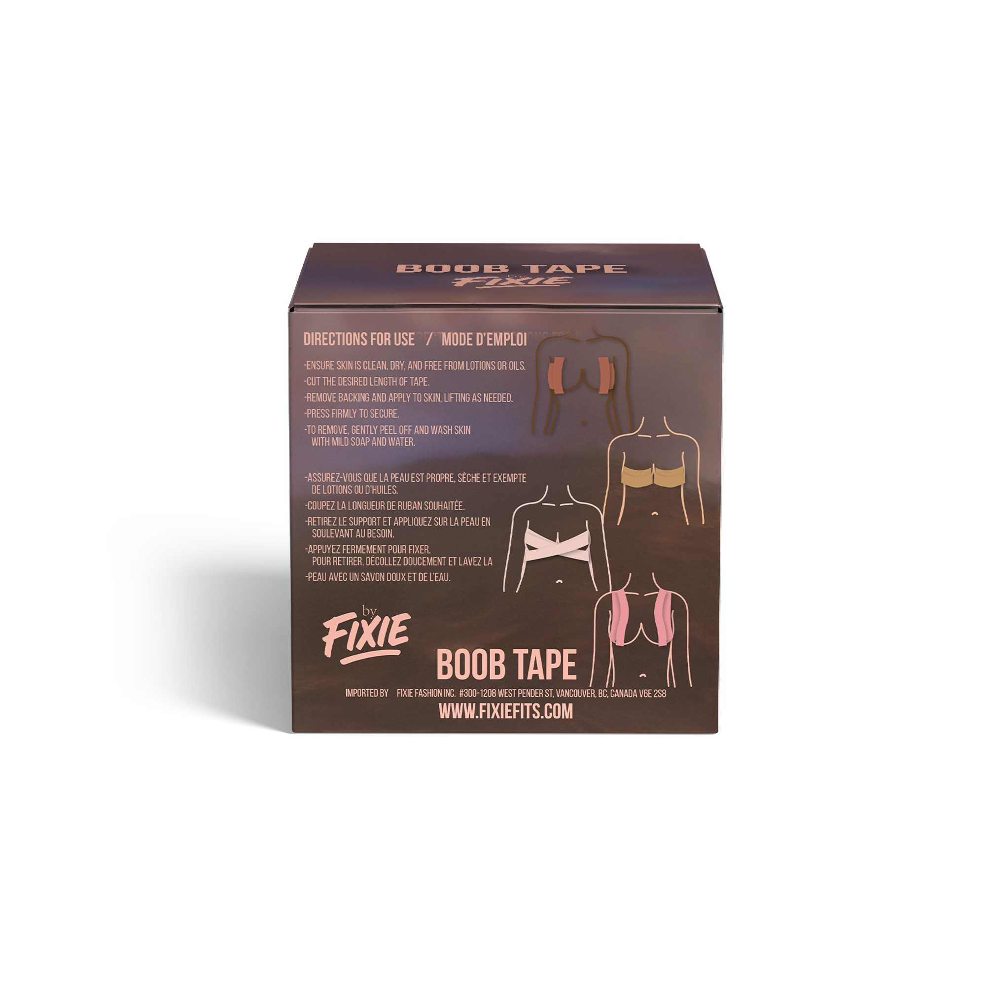 Back of Fixie Boob Tape box with illustrated instructions in English and French. Steps include cleaning skin, cutting tape, applying with lift, pressing to secure, and gentle removal. Four diagrams show tape application methods. Bottom features Fixie logo, website (www.fixiefits.com), and importer info for Fixie Fashion Inc., Vancouver, BC.