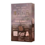 Back of Fixie Boob Bunnies box with bilingual step-by-step usage instructions and illustrations: clean skin, apply under breast, lift and stick, press to secure. Includes care tips, brand icons, QR code, and Fixie logo. Tagline reads ‘Confidence starts underneath’ with English and French product descriptions.