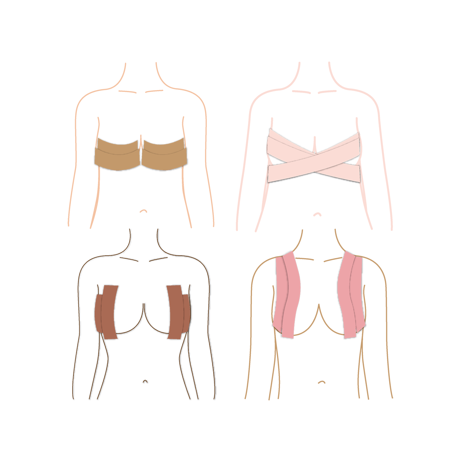 Illustration showing four different ways to apply Fixie Boob Tape on the torso. Top left: tape applied horizontally under both breasts for strapless support. Top right: two pieces of tape crisscross over the chest and under the arms for halter-style lift. Bottom left: vertical strips are placed along the sides of each breast for a centered lift. Bottom right: vertical strips run from under the bust, over the shoulders, and down the back for full lift and coverage. 
