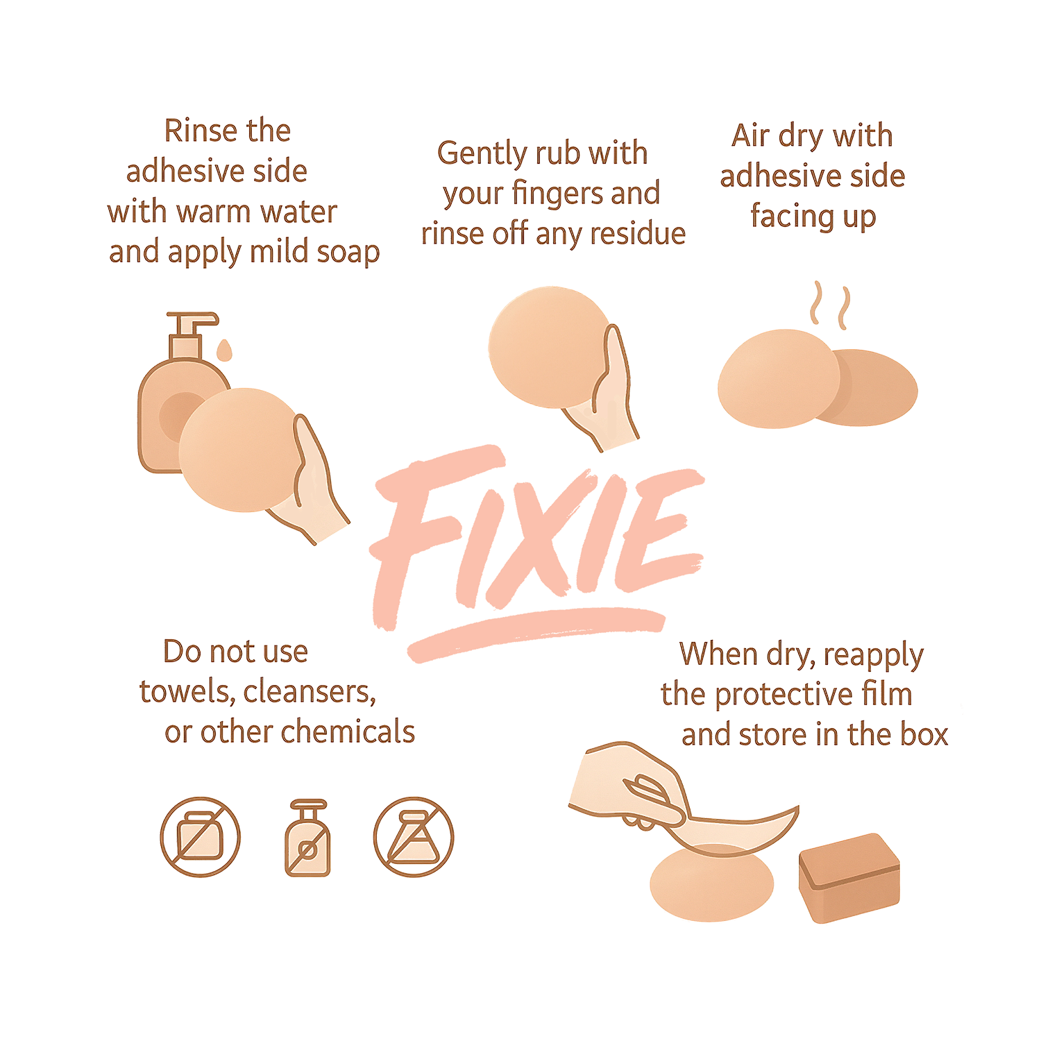 A minimalist, branded graphic with four illustrated steps on how to clean silicone nipple covers. The design features peach and neutral tones with the Fixie logo in the corner. Each step includes a small icon: warm water and soap for rinsing, a hand gently rubbing the covers, covers air-drying with sticky side up, and a case for storage. A warning note at the bottom reads: “No towels. No chemicals. No heat.