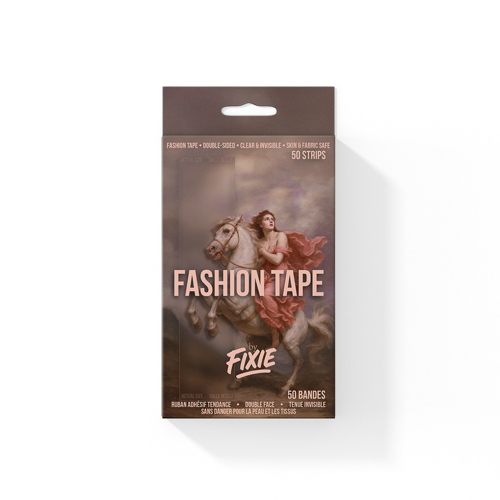 Packaging for Fixie Fashion Tape, featuring a neoclassical-style painting of a woman in a flowing red dress riding a white horse against a dramatic sky. The bold pink text reads ‘FASHION TAPE’ and ‘by FIXIE’. The packaging notes 50 double-sided, clear, skin and fabric-safe strips. French translation and product benefits are listed at the bottom.