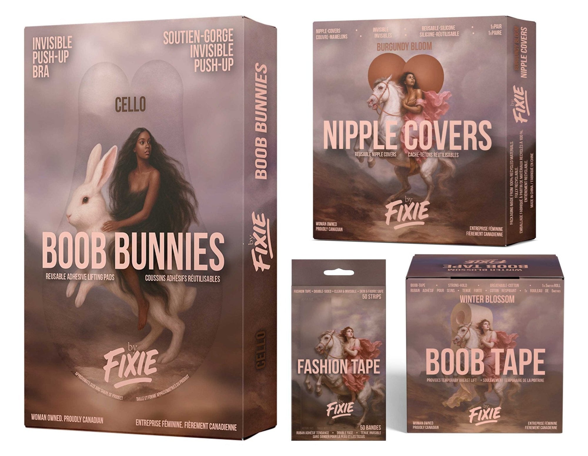 Fixie Core Bundle featuring four products with neoclassical artwork: Boob Bunnies (Cello), Nipple Covers (Burgundy Bloom), Fashion Tape, and Boob Tape (Winter Blossom). Each box shows women riding a rabbit or horse, with Fixie branding and bilingual labels.